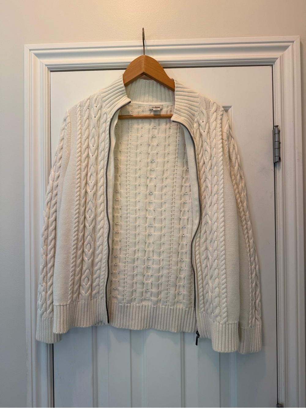 L.L. Bean Cream Cable-Knit Zip Cardigan